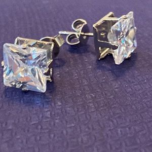 New clear CZ square studs 8 mm stainless steel silver tone
